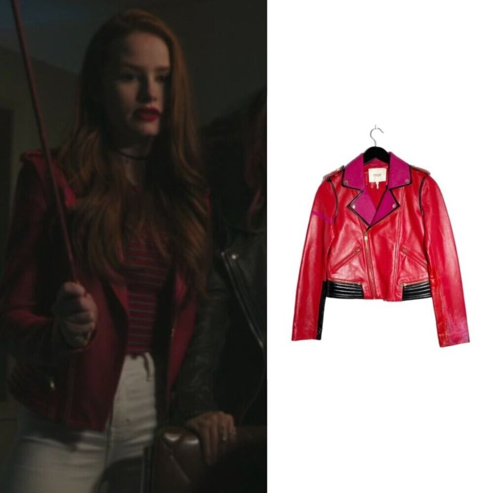 Maje Vibrant Red and Black Leather Jacket. Real prop jacket from RIVERDALE show